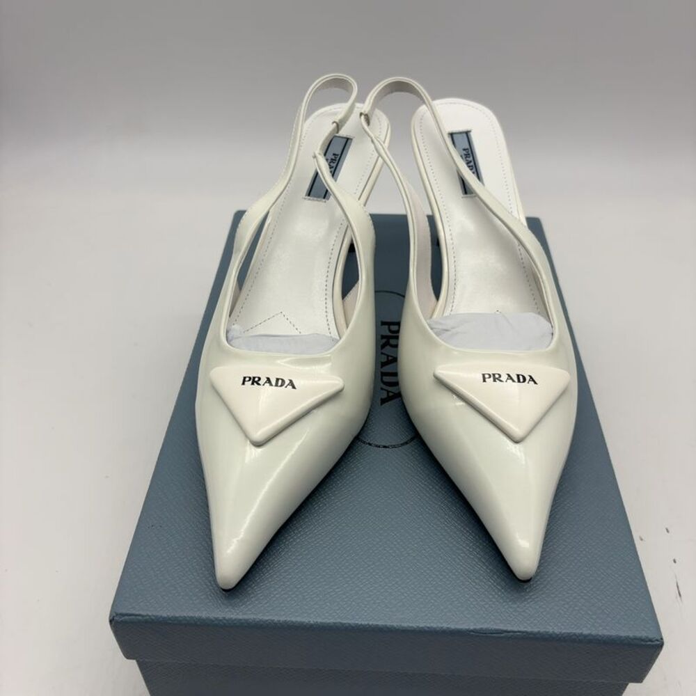 Prada Linea Rossa White Patent Leather Pointed Slingback Heels
